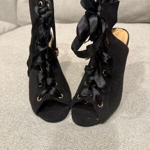 Anne Michelle Black Satin Lace-Up Heels